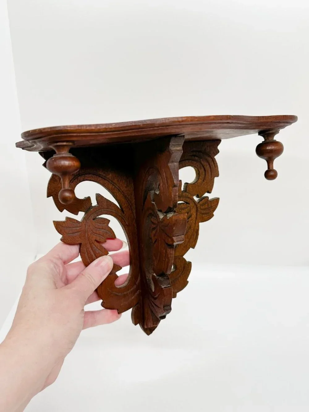 Vintage 70's MCM Wood Carved Wall Shelf Trinket Leaves Retro Cottagecore Nature